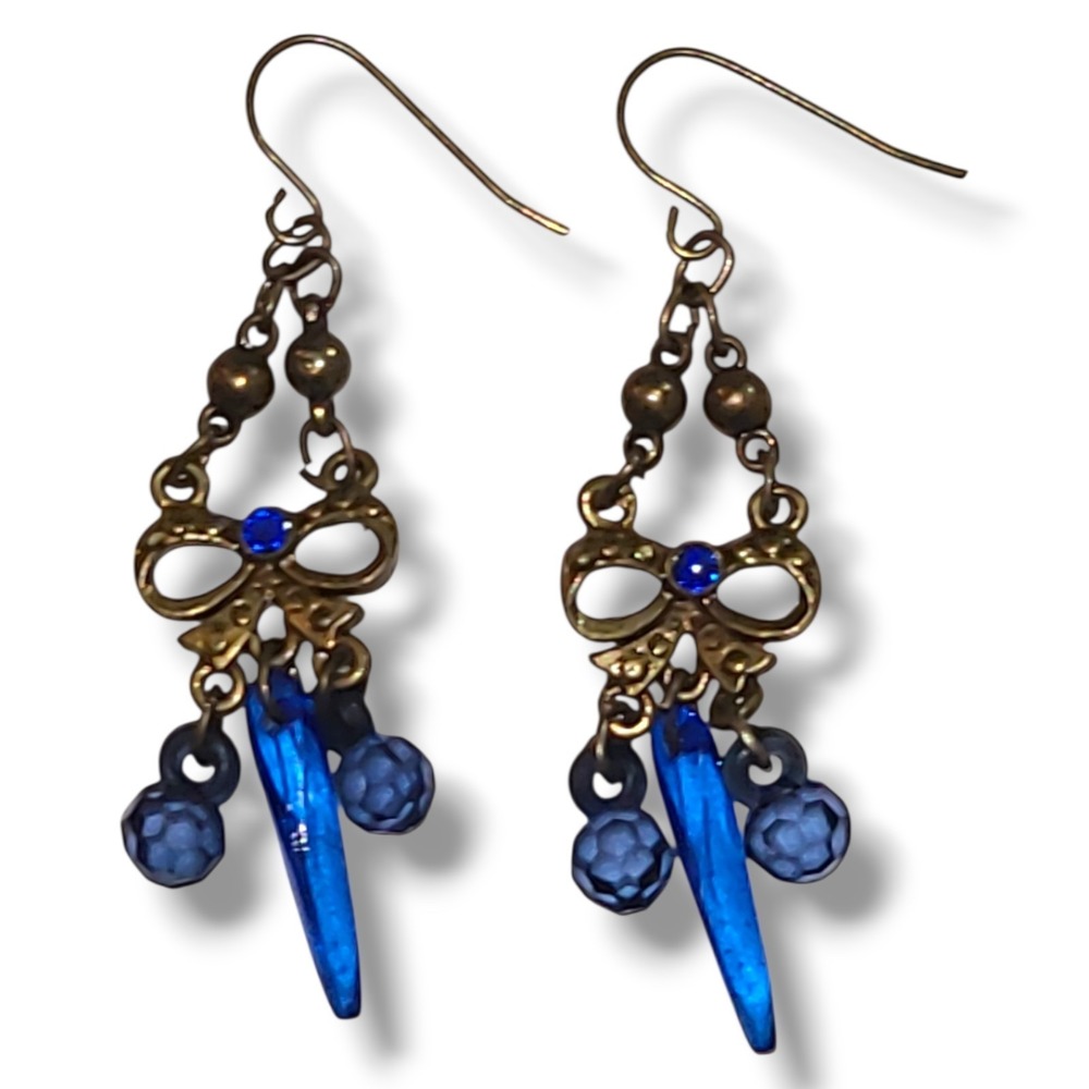 Bronze Bow Dangle Earrings Cobalt Blue Crystal‎ Bead Chandelier Boho